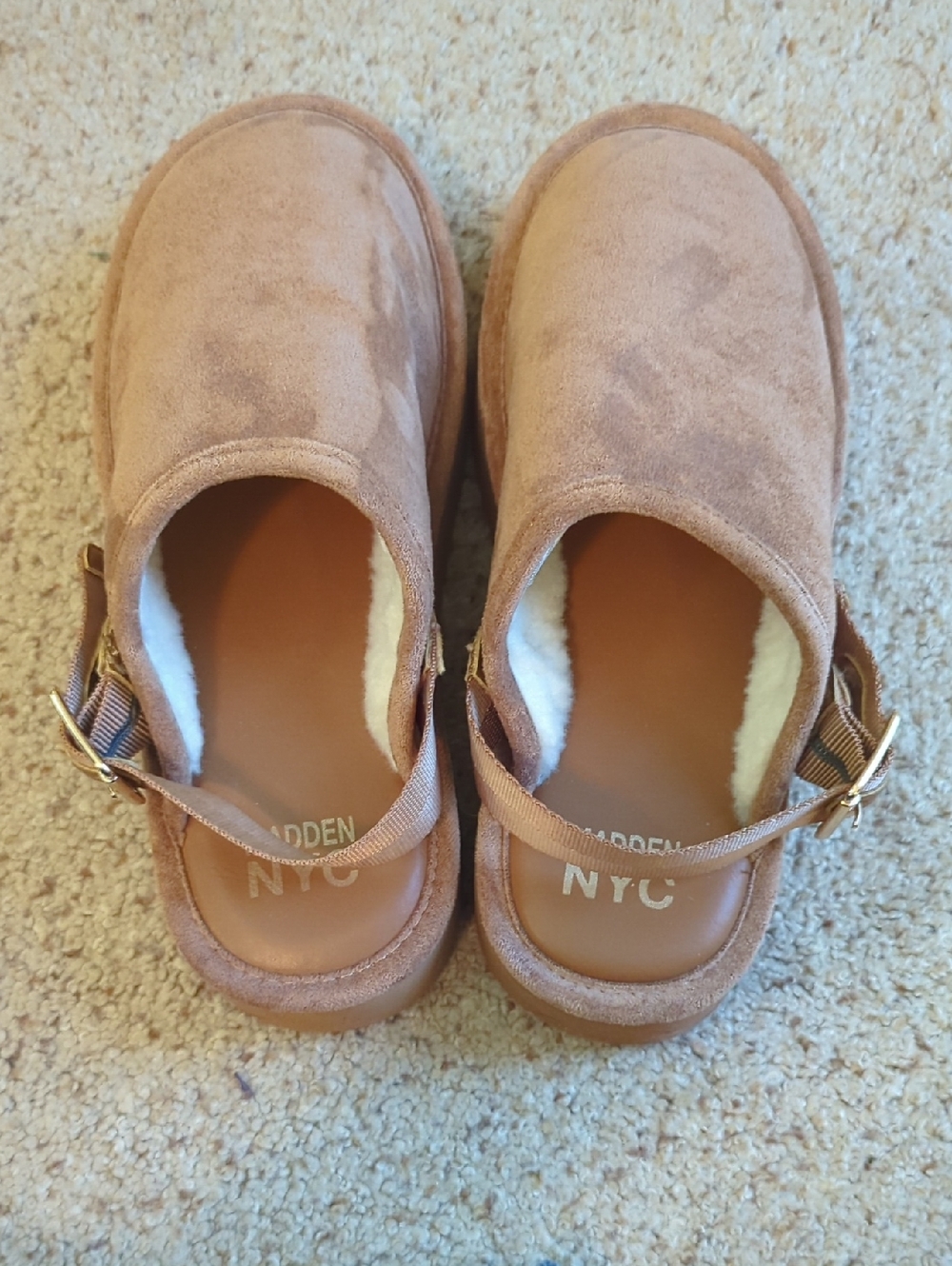 Madden NYC Faux Suede Platform Slip-On Shoes Sherpa Lined Tan Cozy Casual